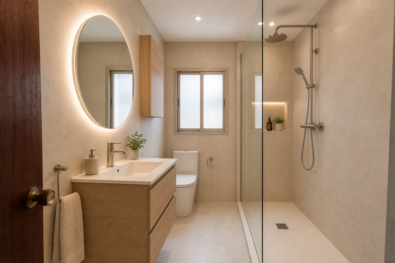 Visualización del mismo baño con ducha, mueble de madera y revestimiento claro