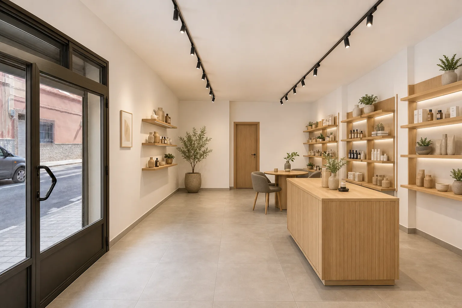 Visualización del mismo local con iluminación en carril y mobiliario comercial de madera
