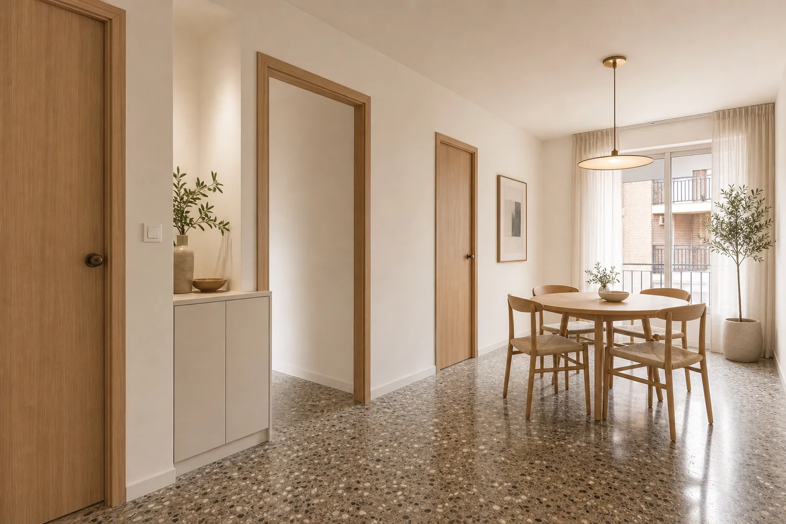 Visualización del mismo comedor con terrazo restaurado y carpinterías de madera clara